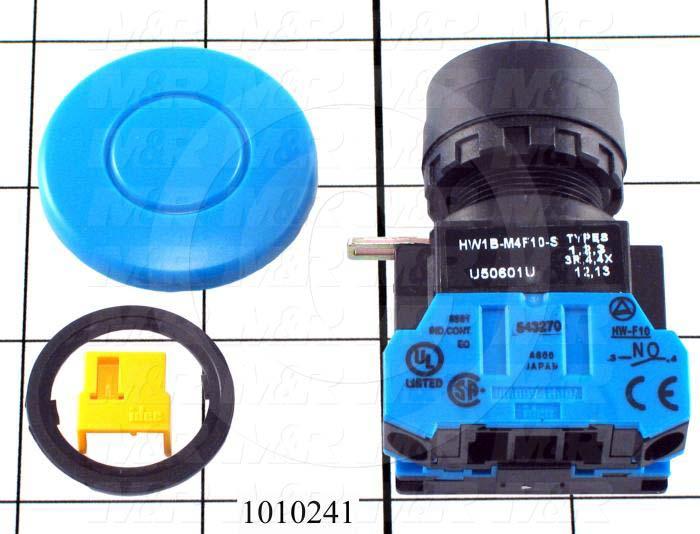 Pushbutton Switch, Momentary, Round, 22mm, 40mm Mushroom Head, Blue, 1NO