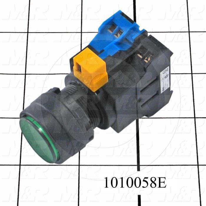 Pushbutton Switch, Momentary, Round, 22mm, Green, LED, 120V