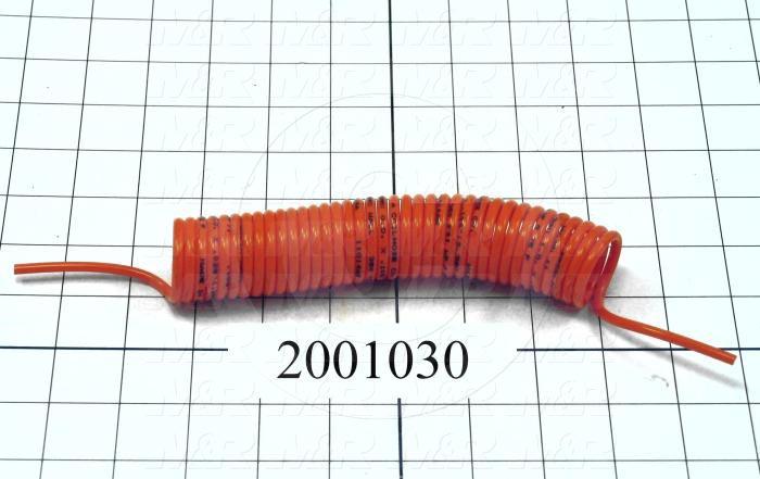 Retracting Air Tube, 1/4 Tube ID, 1 5/16 Coil OD, Opaque Orange Color, Nylon 11 Material, 6" Coil Retracted, 7' Coil Expanded