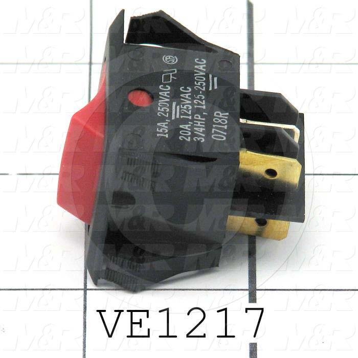 Rocker Switch, Curvette, DPST, OFF-NONE-ON, Contact Rating @ 125V 20A, Contact Rating @ 250V 15A, Red