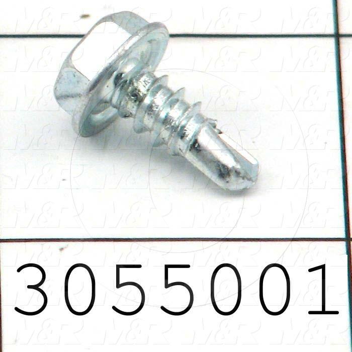 Self-Drilling Screw, Hex Washer Head, 10-16 Thread Size, 0.50" Length Under the Head, Right Hand Thread Direction, 1/2 in. Screw Length, Steel Material, Zinc