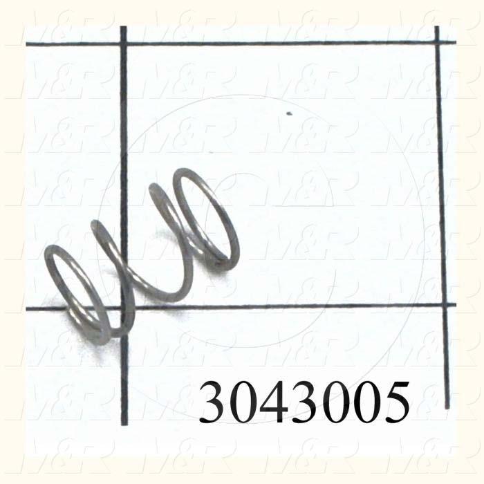 Springs, Compression Type, 0.032 in. Wire Diameter, 0.36 in. Outside Diameter, 0.50 in. Overall Length, 0.145" Solid Length, Stainless Steel 302 Material, Closed and Ground Spring Ends