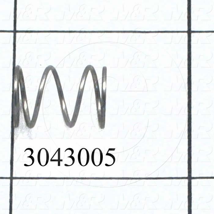 Springs, Compression Type, 0.032 in. Wire Diameter, 0.36 in. Outside Diameter, 0.50 in. Overall Length, 0.145" Solid Length, Stainless Steel 302 Material, Closed and Ground Spring Ends