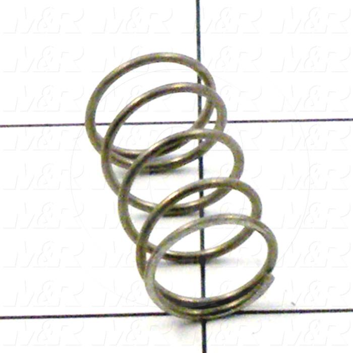 Springs, Compression Type, 0.038 in. Wire Diameter, 0.48 in. Outside Diameter, 0.88 in. Overall Length, 0.21 in. Solid Length, Stainless Steel 302 Material, Closed and Ground Spring Ends