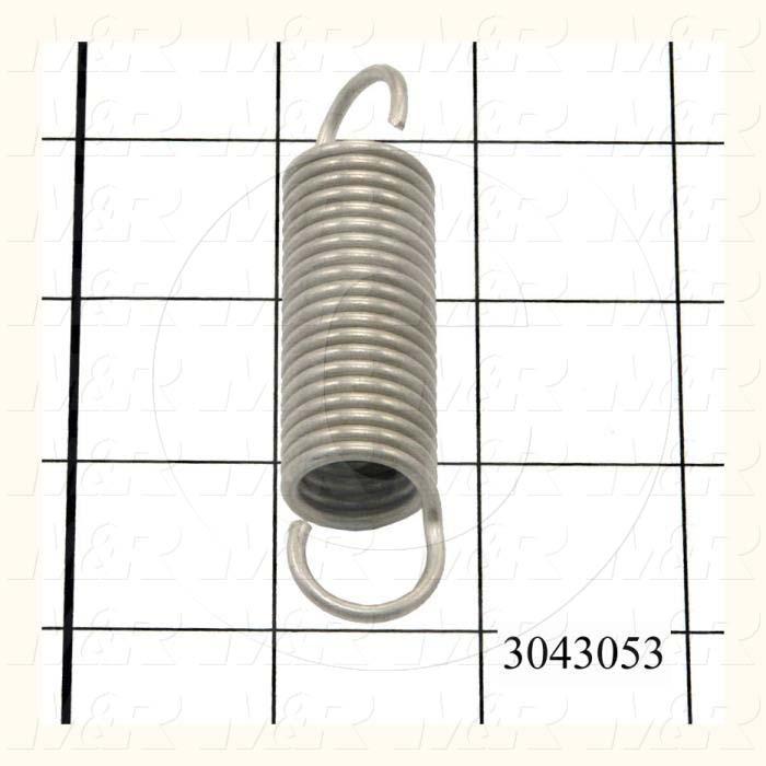 Springs, Extension Type, 0.093" Wire Diameter, 0.75 in. Outside Diameter, 3.00 in. Overall Length, 19.4 Total Coils, Stainless Steel Material, Loop Spring Ends, 16.99 Lb/In Rate