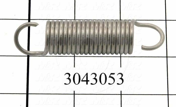 Springs, Extension Type, 0.093" Wire Diameter, 0.75 in. Outside Diameter, 3.00 in. Overall Length, 19.4 Total Coils, Stainless Steel Material, Loop Spring Ends, 16.99 Lb/In Rate