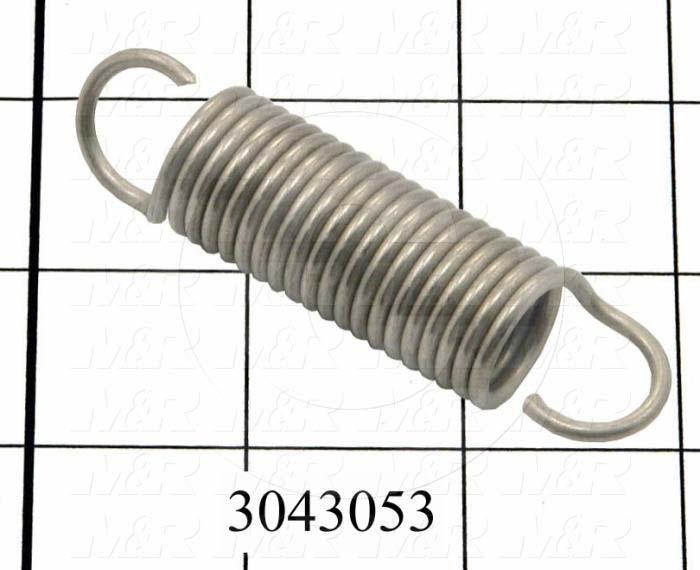 Springs, Extension Type, 0.093" Wire Diameter, 0.75 in. Outside Diameter, 3.00 in. Overall Length, 19.4 Total Coils, Stainless Steel Material, Loop Spring Ends, 16.99 Lb/In Rate