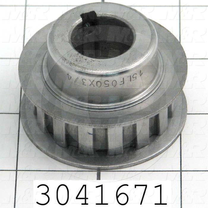 Timing Belt Pulley, 0.75" Bore Size, Cylindrical with Keyway Bore Type, 15 Teeth, 0.38" Pitch, Steel Material, 0.50" Belt Width