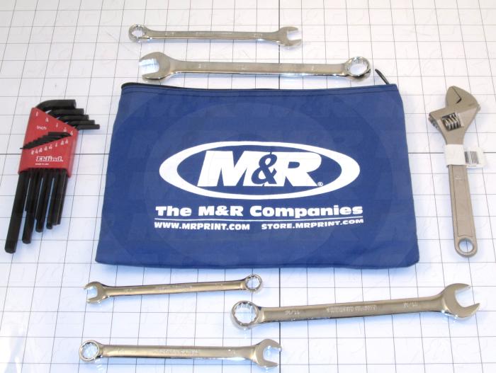 Tools, Tool Kit, Includes 8", 7/16", 1/2", 9/16", 11/16", 3/4" Combination Wrench and Hex Key Wrench Set Key 9" LG.