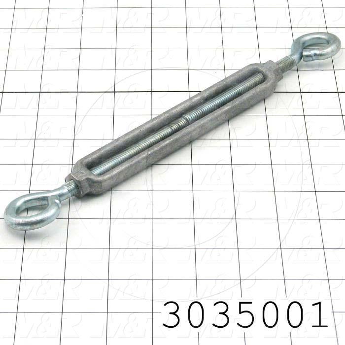 Turnbuckle, Type : Eye and Eye Turnbuckles, Body Style : Open, Thread Size 3/8-16, Close Length 11.375", Adjustment 6.00", Work Load Limit 144 lbf, Material Steel, Finish Zinc