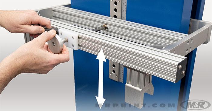 Upper tool-free frame adjustments allow operators to rapidly switch frame lengths
