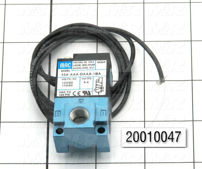 Valves, Electro Mechanical Type, 2 Position / 3 Way Operation, Single Coil, 120/110 VAC Coil Voltage, 1/8" NPT Port