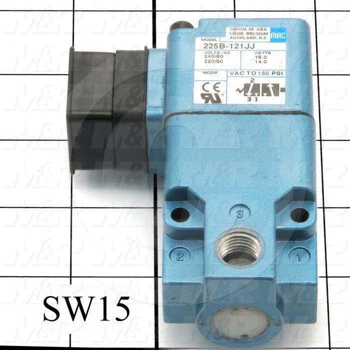 Valves, Electro Mechanical Type, 2 Position / 3 Way Operation, Single Coil, 220 VAC Coil Voltage, 1/4" NPT Port, 150 Psi Max. Pressure, .50 CCV, For Blanket Frame Vacuum Pumps Function