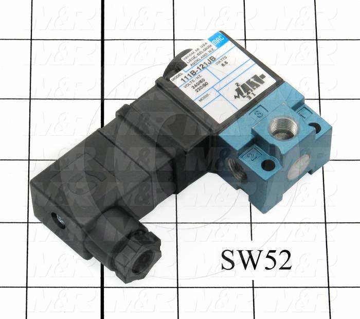 Valves, Electro Mechanical Type, 2 Position / 3 Way Operation, Single Coil, 220 VAC Coil Voltage, 1/8" NPT Port, 150 Psi Max. Pressure, .18 CCV, For Blanket Frame Cylinder Latches Function