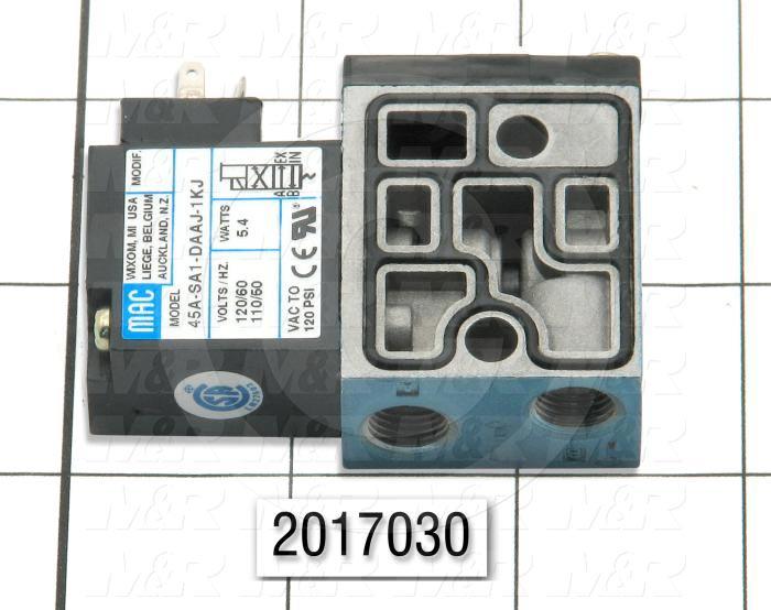 Valves, Electro Mechanical Type, 2 Position / 4 Way Operation, Single Coil, 120/110 VAC Coil Voltage, 1/8" NPT Port, Stock, 120 Psi Max. Pressure, .20 CCV, Squeegee Function