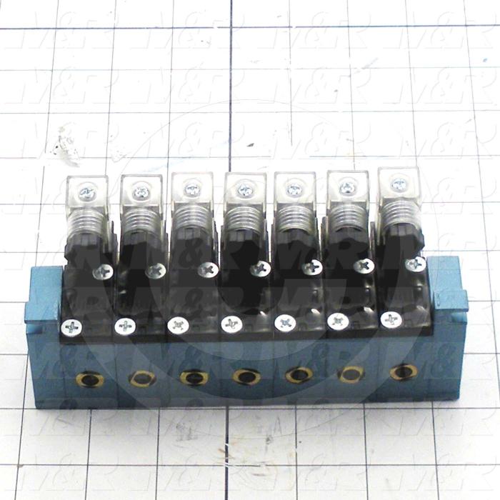 Valves, Electro Mechanical Type, 2 Position / 4 Way Operation, Single Coil, 120/110 VAC Coil Voltage, 6 Stations, 160 Psi Max. Pressure, Gauntlet Function