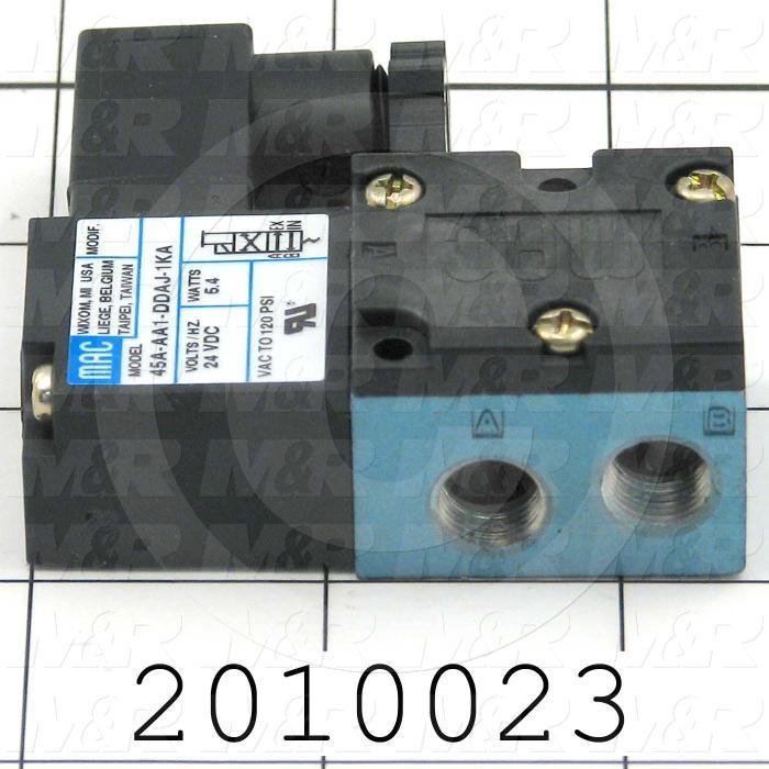 Valves, Electro Mechanical Type, 2 Position / 4 Way Operation, Single Coil, 24 VDC Coil Voltage, 1/8" NPT Port, Inline, 160 Psi Max. Pressure, .15 CCV