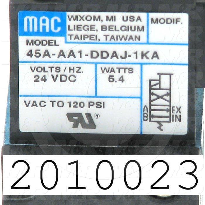 Valves, Electro Mechanical Type, 2 Position / 4 Way Operation, Single Coil, 24 VDC Coil Voltage, 1/8" NPT Port, Inline, 160 Psi Max. Pressure, .15 CCV