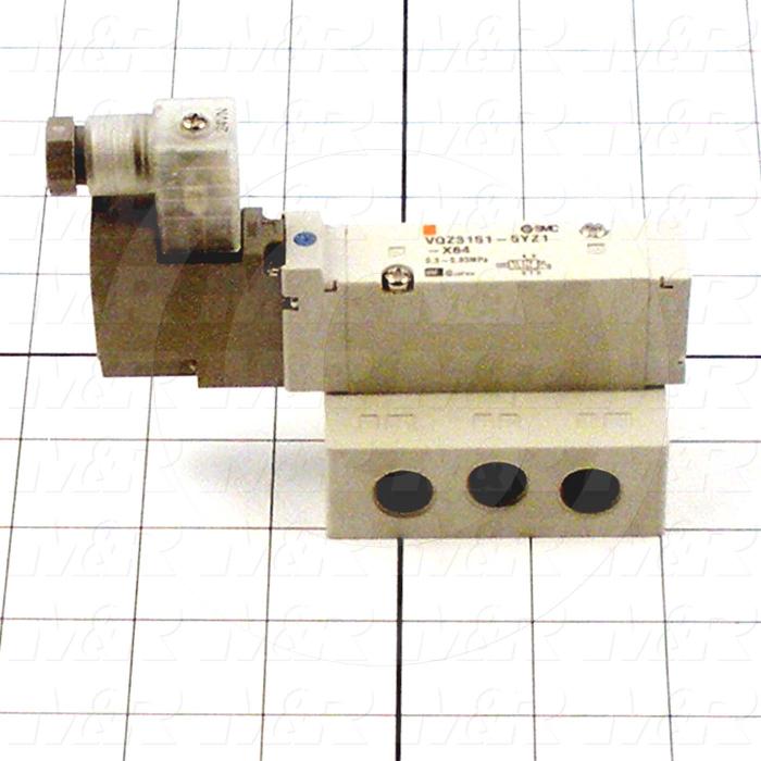 Valves, Electro Mechanical Type, 2 Position / 5 Way Operation, Single Coil, 24 VDC Coil Voltage, 1/4" NPT Port, Base Mounted, 0.7 MPa Max. Pressure