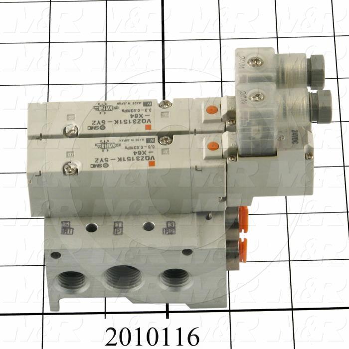 Valves, Electro Mechanical Type, 2 Position / 5 Way Operation, Single Coil, 24 VDC Coil Voltage, 2 Stations, Vitan Seal, With Built-in Fittings, 160 Psi Max. Pressure