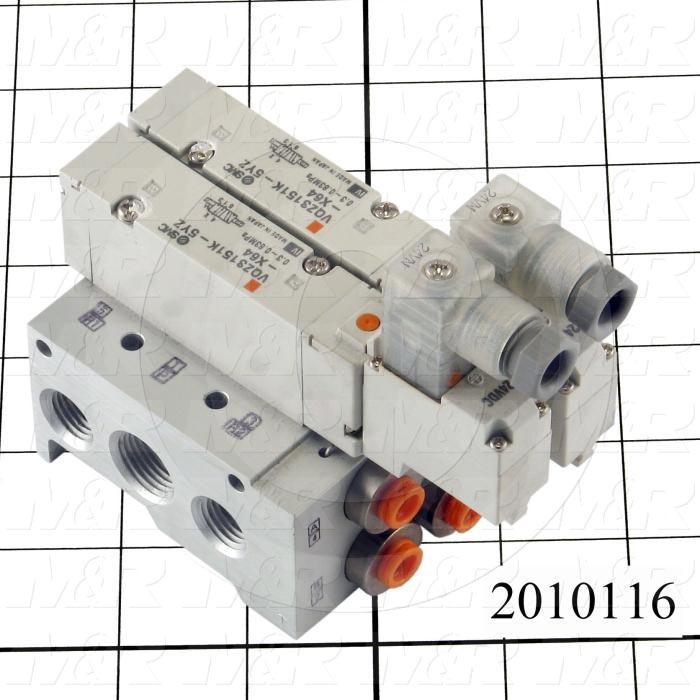 Valves, Electro Mechanical Type, 2 Position / 5 Way Operation, Single Coil, 24 VDC Coil Voltage, 2 Stations, Vitan Seal, With Built-in Fittings, 160 Psi Max. Pressure