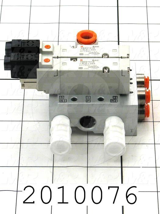 Valves, Electro Mechanical Type, 2 Position / 5 Way Operation, Single Coil, 24 VDC Coil Voltage, 2 Stations, With Built-in Fittings, 160 Psi Max. Pressure, .45 CCV, Chopper Function