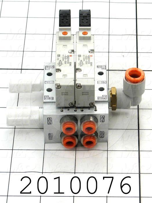 Valves, Electro Mechanical Type, 2 Position / 5 Way Operation, Single Coil, 24 VDC Coil Voltage, 2 Stations, With Built-in Fittings, 160 Psi Max. Pressure, .45 CCV, Chopper Function