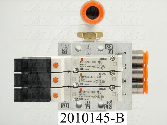 Valves, Electro Mechanical Type, 2 Position / 5 Way Operation, Single Coil, 24 VDC Coil Voltage, 3 Stations, Vitan Seal, With Built-in Fittings, 160 Psi Max. Pressure, .96 CCV