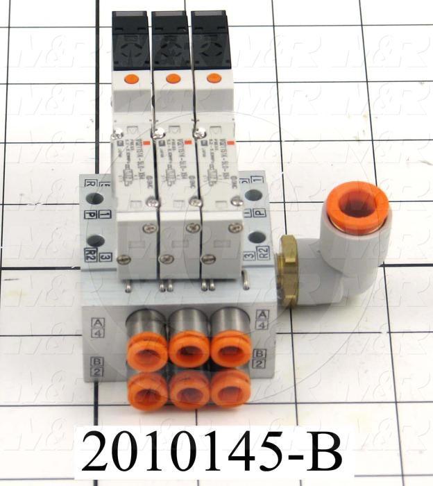 Valves, Electro Mechanical Type, 2 Position / 5 Way Operation, Single Coil, 24 VDC Coil Voltage, 3 Stations, Vitan Seal, With Built-in Fittings, 160 Psi Max. Pressure, .96 CCV