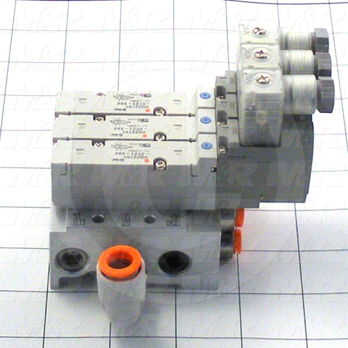 Valves, Electro Mechanical Type, 2 Position / 5 Way Operation, Single Coil, 24 VDC Coil Voltage, 3 Stations, Viton Seal, With Built-in Fittings, 0.7 MPa Max. Pressure