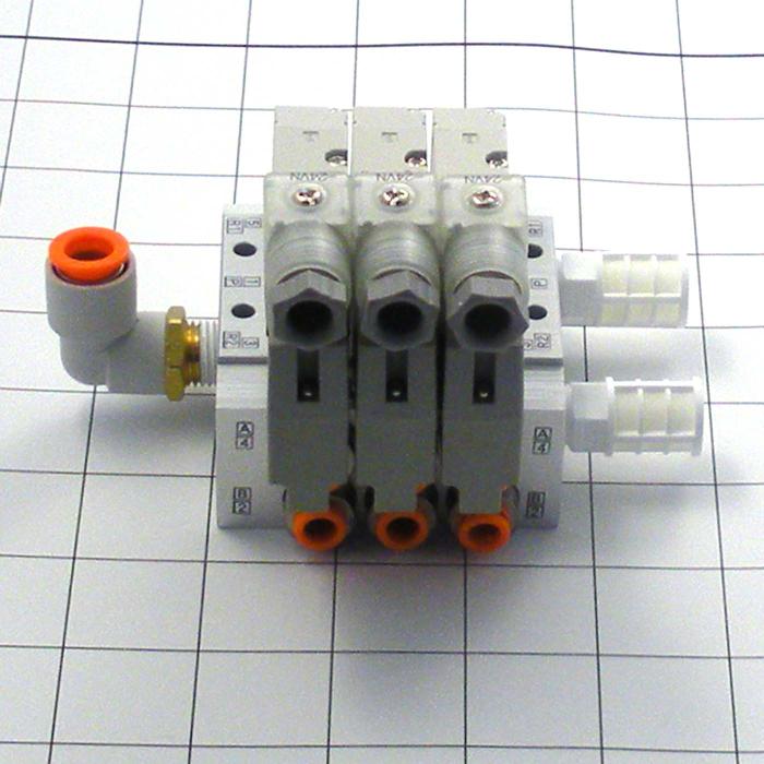 Valves, Electro Mechanical Type, 2 Position / 5 Way Operation, Single Coil, 24 VDC Coil Voltage, 3 Stations, Viton Seal, With Built-in Fittings, 0.7 MPa Max. Pressure