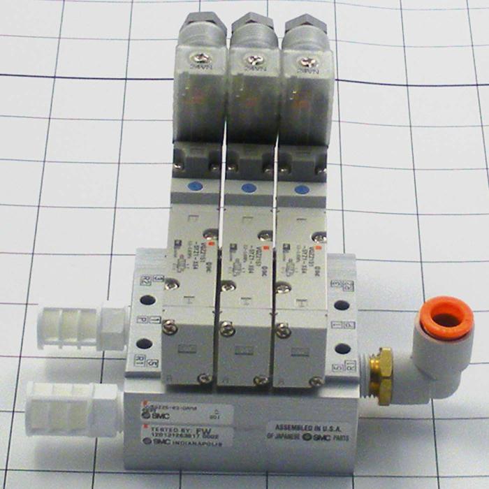 Valves, Electro Mechanical Type, 2 Position / 5 Way Operation, Single Coil, 24 VDC Coil Voltage, 3 Stations, Viton Seal, With Built-in Fittings, 0.7 MPa Max. Pressure