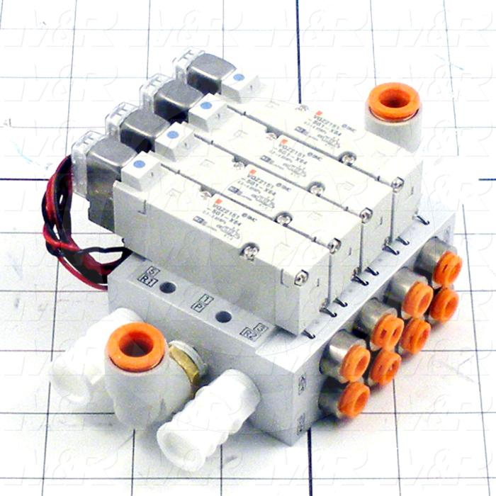 Valves, Electro Mechanical Type, 2 Position / 5 Way Operation, Single Coil, 24 VDC Coil Voltage, 4 Stations, Rubber Seal, 0.7 MPa Max. Pressure