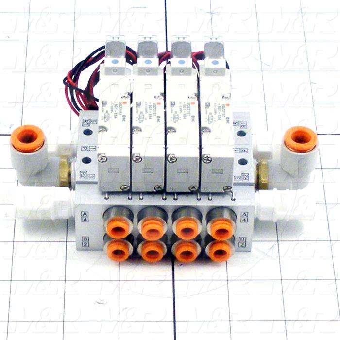 Valves, Electro Mechanical Type, 2 Position / 5 Way Operation, Single Coil, 24 VDC Coil Voltage, 4 Stations, Rubber Seal, 0.7 MPa Max. Pressure