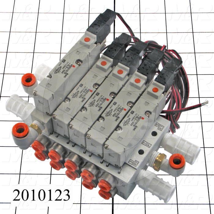 Valves, Electro Mechanical Type, 2 Position / 5 Way Operation, Single Coil, 24 VDC Coil Voltage, 5 Stations, Vitan Seal, With Built-in Fittings, 160 Psi Max. Pressure