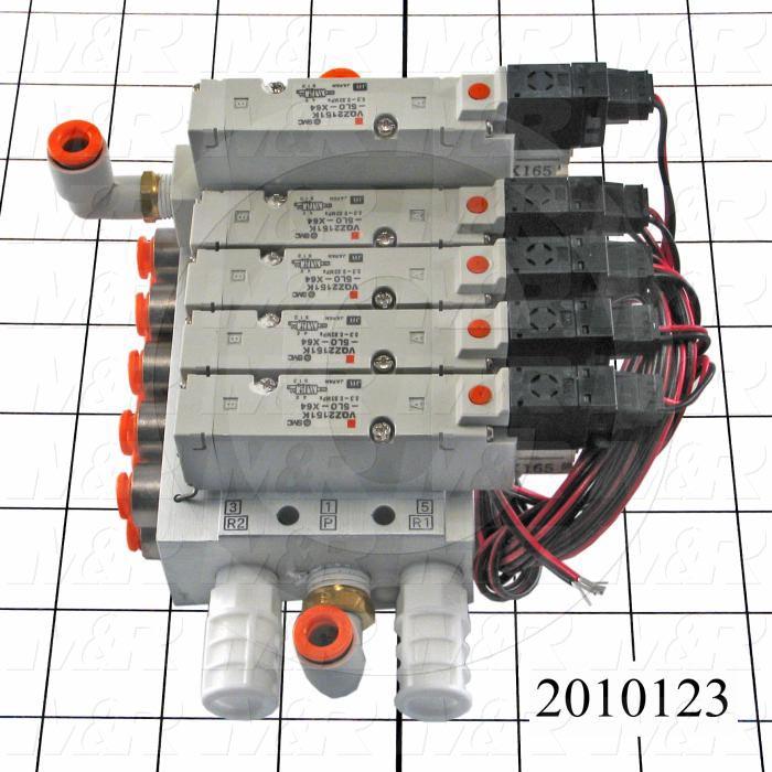 Valves, Electro Mechanical Type, 2 Position / 5 Way Operation, Single Coil, 24 VDC Coil Voltage, 5 Stations, Vitan Seal, With Built-in Fittings, 160 Psi Max. Pressure