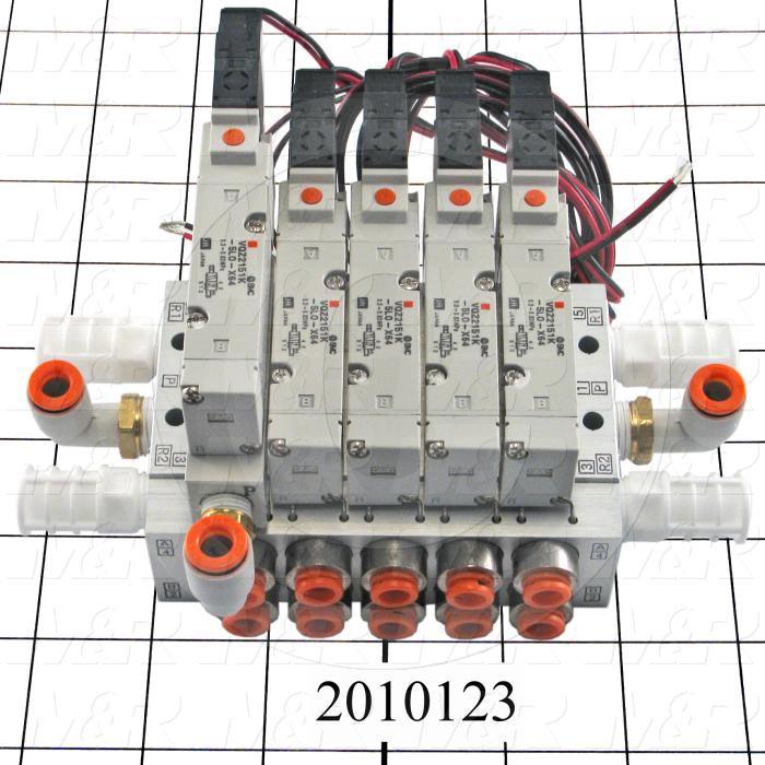 Valves, Electro Mechanical Type, 2 Position / 5 Way Operation, Single Coil, 24 VDC Coil Voltage, 5 Stations, Vitan Seal, With Built-in Fittings, 160 Psi Max. Pressure