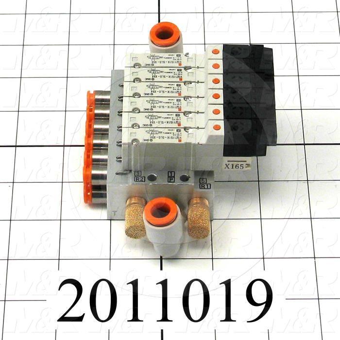 Valves, Electro Mechanical Type, 2 Position / 5 Way Operation, Single Coil, 24 VDC Coil Voltage, 6 Stations, Vitan Seal, With Built-in Fittings, 160 Psi Max. Pressure, 1.92 CCV