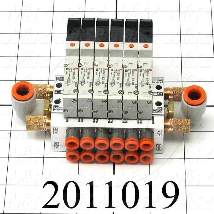 Valves, Electro Mechanical Type, 2 Position / 5 Way Operation, Single Coil, 24 VDC Coil Voltage, 6 Stations, Vitan Seal, With Built-in Fittings, 160 Psi Max. Pressure, 1.92 CCV