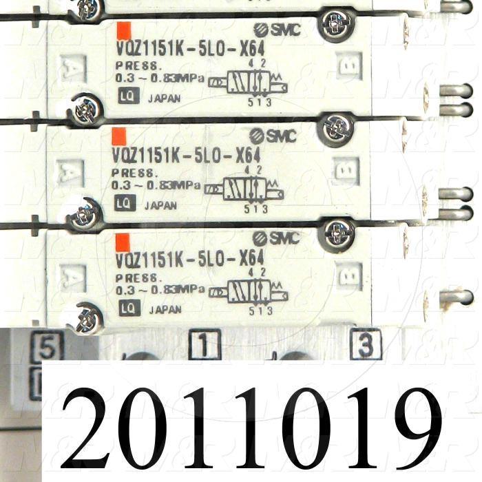 Valves, Electro Mechanical Type, 2 Position / 5 Way Operation, Single Coil, 24 VDC Coil Voltage, 6 Stations, Vitan Seal, With Built-in Fittings, 160 Psi Max. Pressure, 1.92 CCV