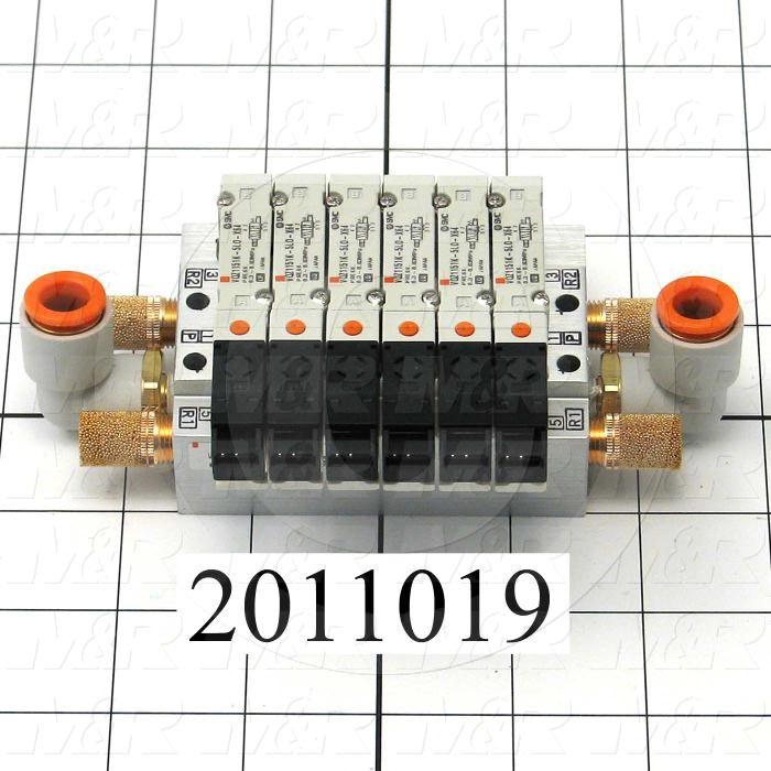 Valves, Electro Mechanical Type, 2 Position / 5 Way Operation, Single Coil, 24 VDC Coil Voltage, 6 Stations, Vitan Seal, With Built-in Fittings, 160 Psi Max. Pressure, 1.92 CCV