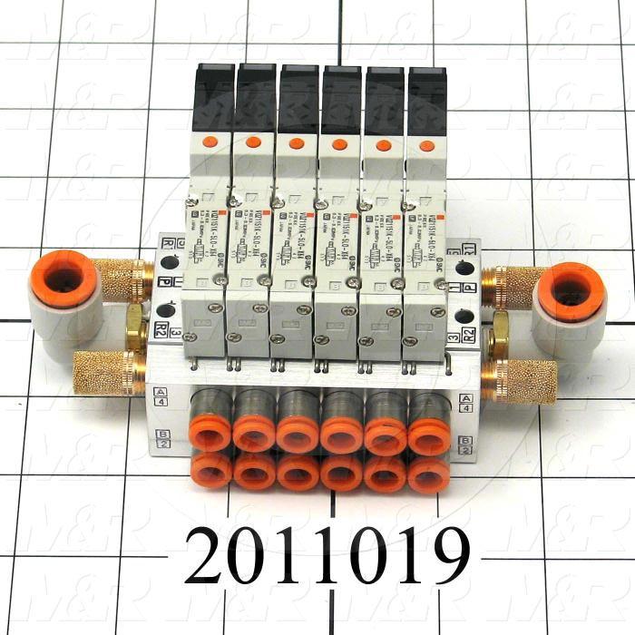 Valves, Electro Mechanical Type, 2 Position / 5 Way Operation, Single Coil, 24 VDC Coil Voltage, 6 Stations, Vitan Seal, With Built-in Fittings, 160 Psi Max. Pressure, 1.92 CCV