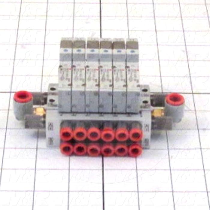 Valves, Electro Mechanical Type, 2 Position / 5 Way Operation, Single Coil, 24 VDC Coil Voltage, 6 Stations, Viton Seal, 0.7 MPa Max. Pressure