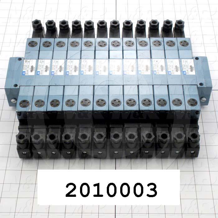 Valves, Electro Mechanical Type, 3 Position / 5 Way Operation, Double Coil, 120/110 VAC Coil Voltage, 12 Stations, Challenger Head Valve Block Less Index Cylinder Function