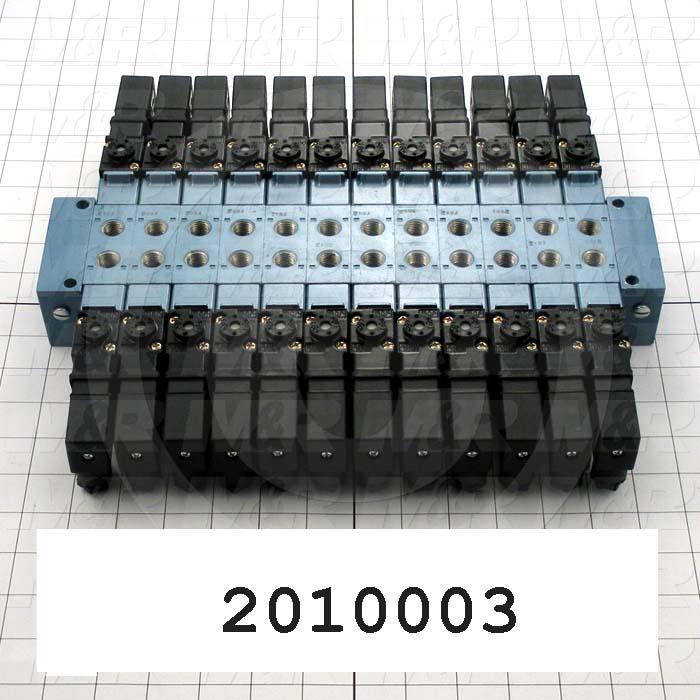 Valves, Electro Mechanical Type, 3 Position / 5 Way Operation, Double Coil, 120/110 VAC Coil Voltage, 12 Stations, Challenger Head Valve Block Less Index Cylinder Function