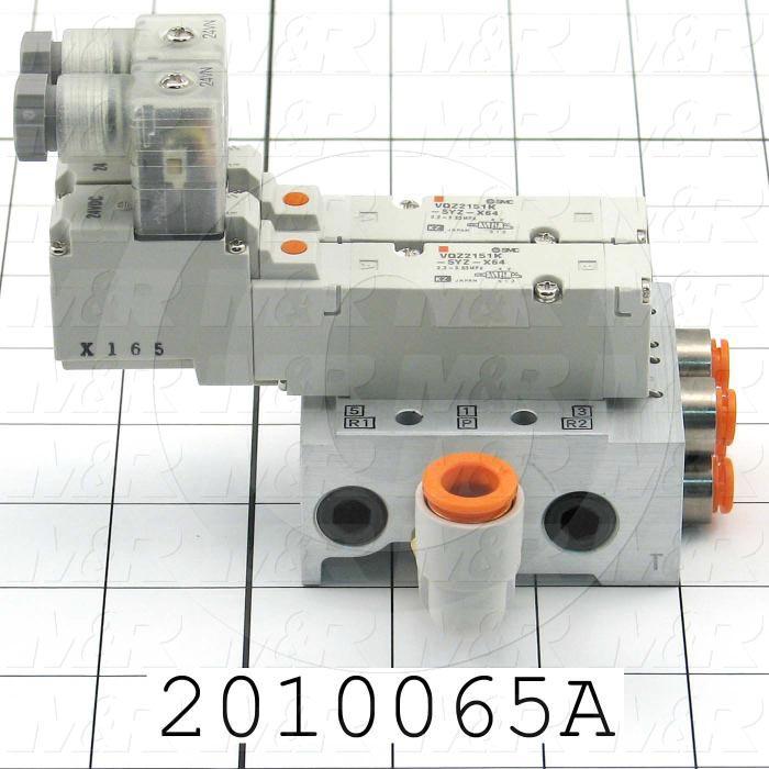 Valves, Electro Mechanical Type, 3 Position / 5 Way Operation, Double Coil, 24 VDC Coil Voltage, 2 Stations, With Built-in Fittings, 160 Psi Max. Pressure, .45 CCV, With Muffler & Fittings
