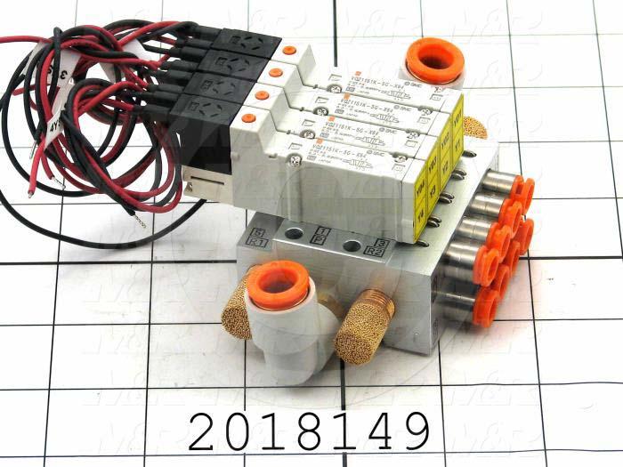 Valves, Electro Mechanical Type, 3 Position / 5 Way Operation, Double Coil, 24 VDC Coil Voltage, 4 Stations, With Built-in Fittings, 160 Psi Max. Pressure, .13 CCV, Chopper Function