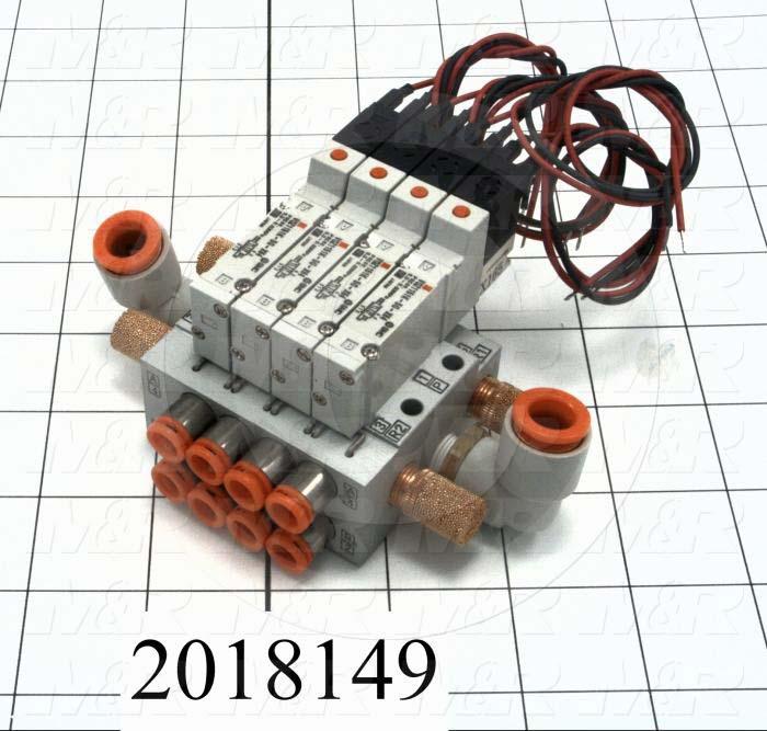 Valves, Electro Mechanical Type, 3 Position / 5 Way Operation, Double Coil, 24 VDC Coil Voltage, 4 Stations, With Built-in Fittings, 160 Psi Max. Pressure, .13 CCV, Chopper Function