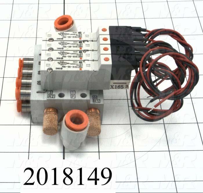 Valves, Electro Mechanical Type, 3 Position / 5 Way Operation, Double Coil, 24 VDC Coil Voltage, 4 Stations, With Built-in Fittings, 160 Psi Max. Pressure, .13 CCV, Chopper Function
