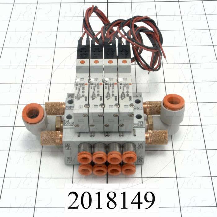 Valves, Electro Mechanical Type, 3 Position / 5 Way Operation, Double Coil, 24 VDC Coil Voltage, 4 Stations, With Built-in Fittings, 160 Psi Max. Pressure, .13 CCV, Chopper Function